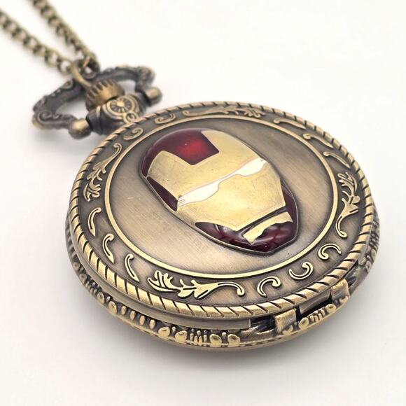 Red Gold Helmet Pocket Watch – Personalized Enamel Armor Design Vintage Gift - Picture 6 of 10